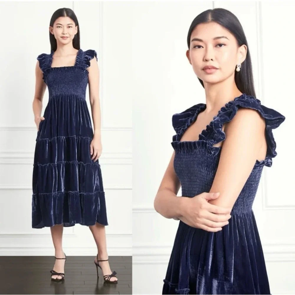 Hill House Size S The Ellie Nap Dress Navy Velvet Midi Tiered Smocked Bodice NEW - Picture 1 of 14